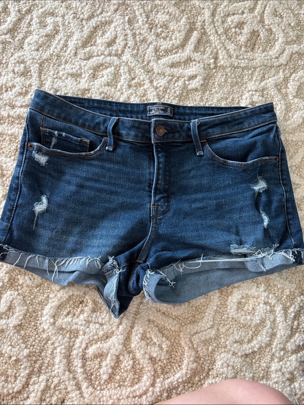 Abercrombie & Fitch Dark Blue Distressed Roll-Cuff Denim Shorts